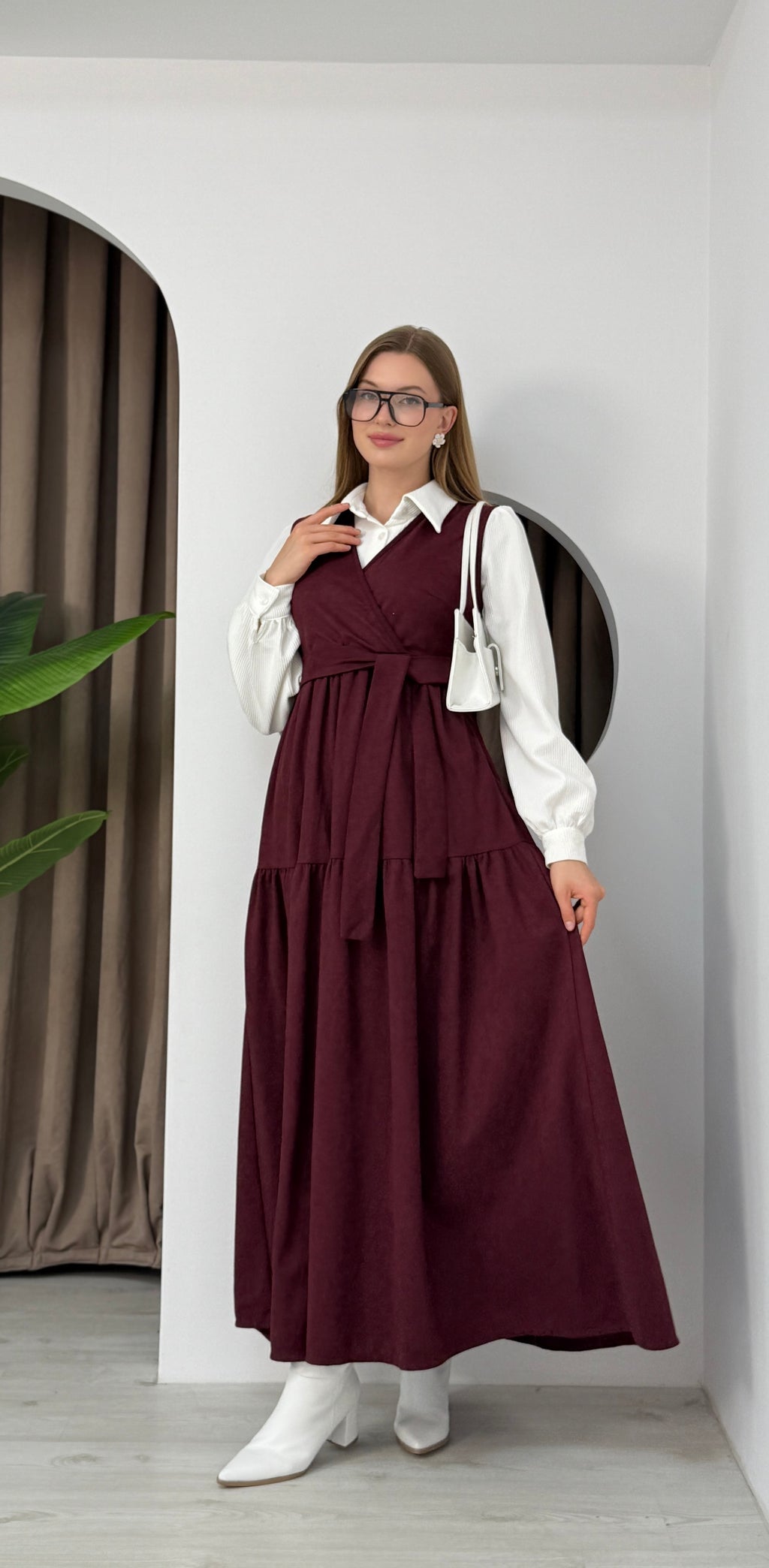 Kuşak Detaylı V Yaka Elbise Gömlek Takım