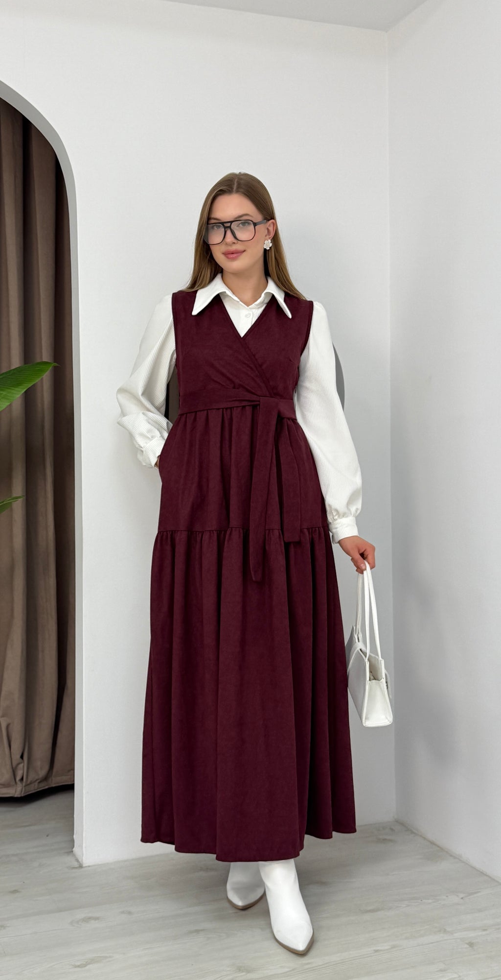 Kuşak Detaylı V Yaka Elbise Gömlek Takım