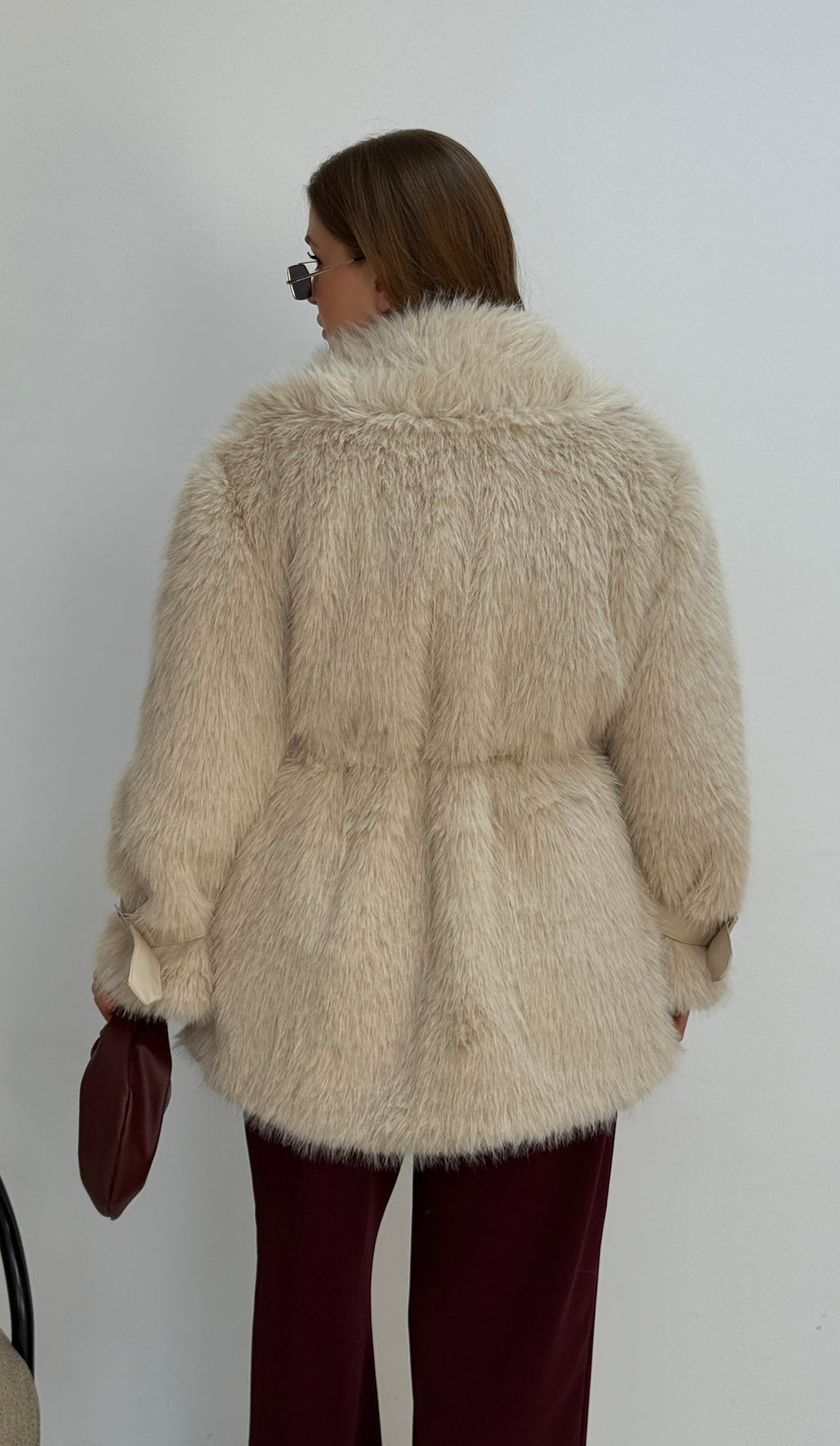 Ceket Yaka Yumuşak Doku Deri Kol Kemerli Kuşaklı Kürk Mont