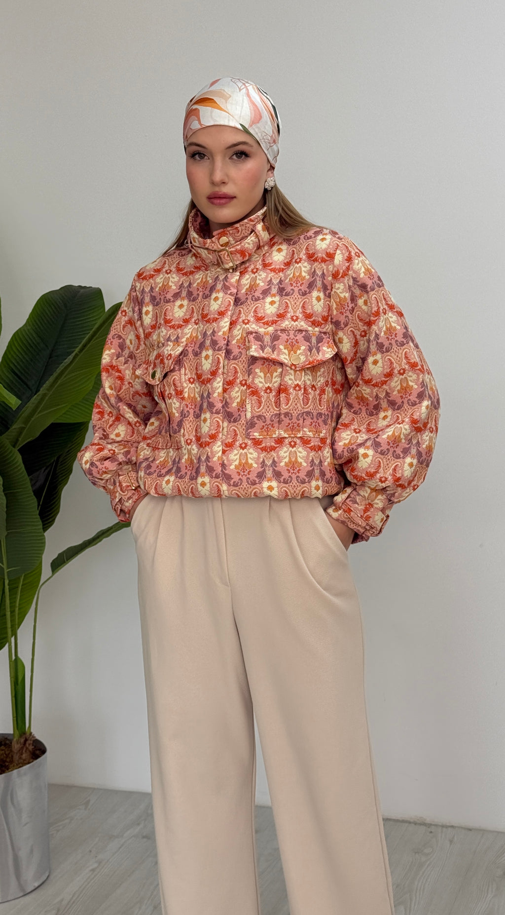 Etnik Desen Dik Yaka Kemerli Bomber Ceket