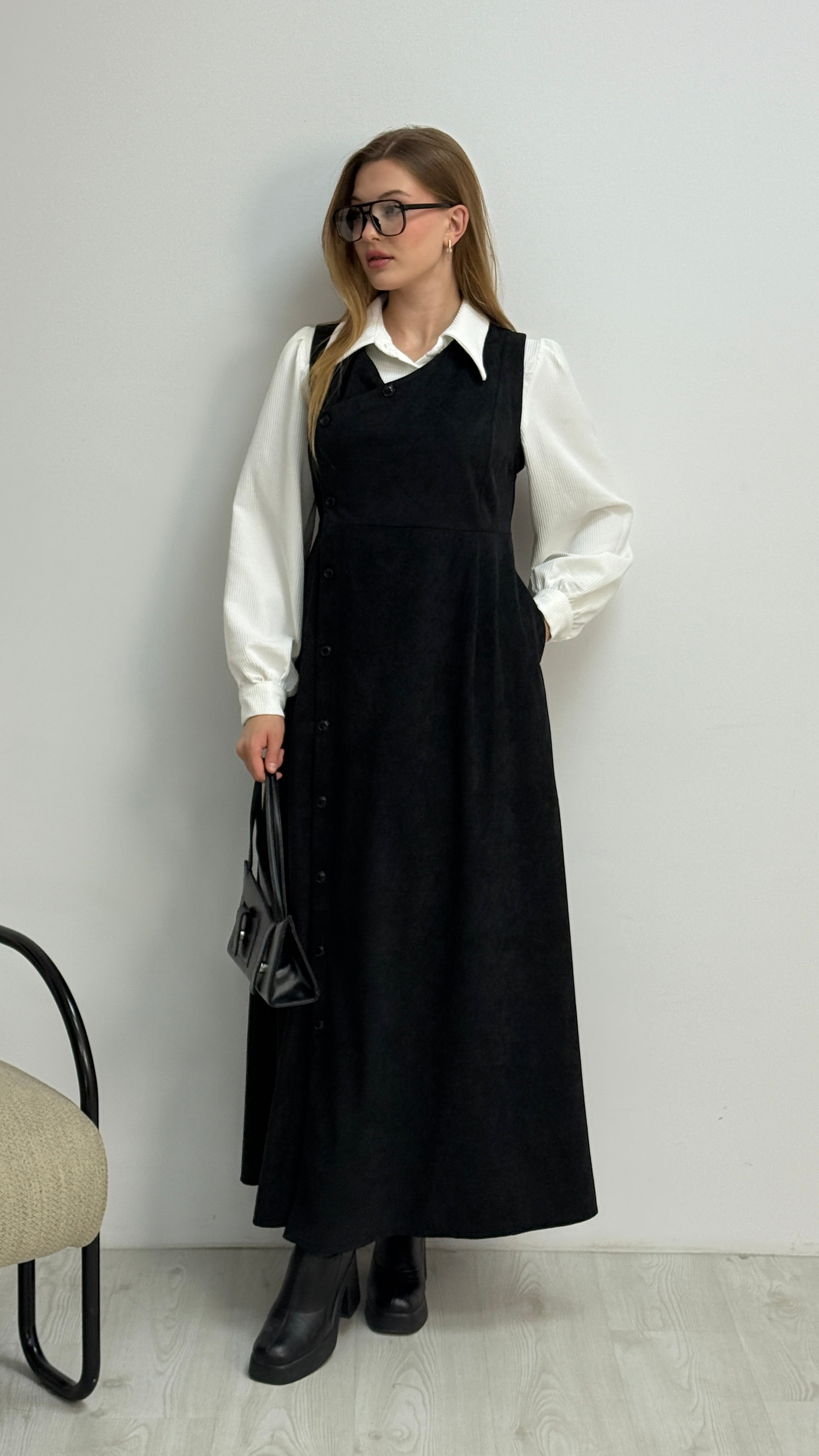 Gömlekli İkili Takım Star Süet Kumaş Elbise