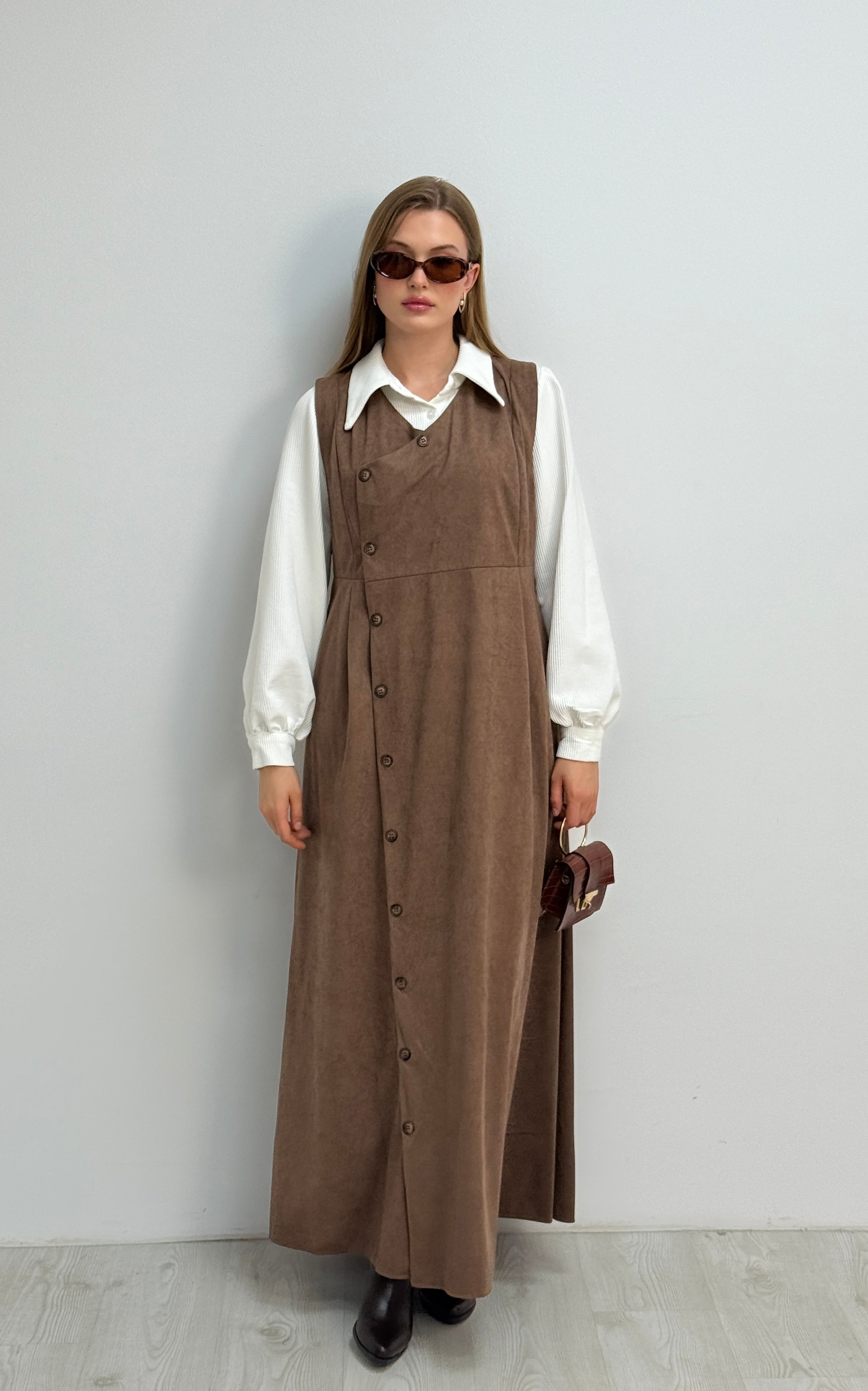 Gömlekli İkili Takım Star Süet Kumaş Elbise