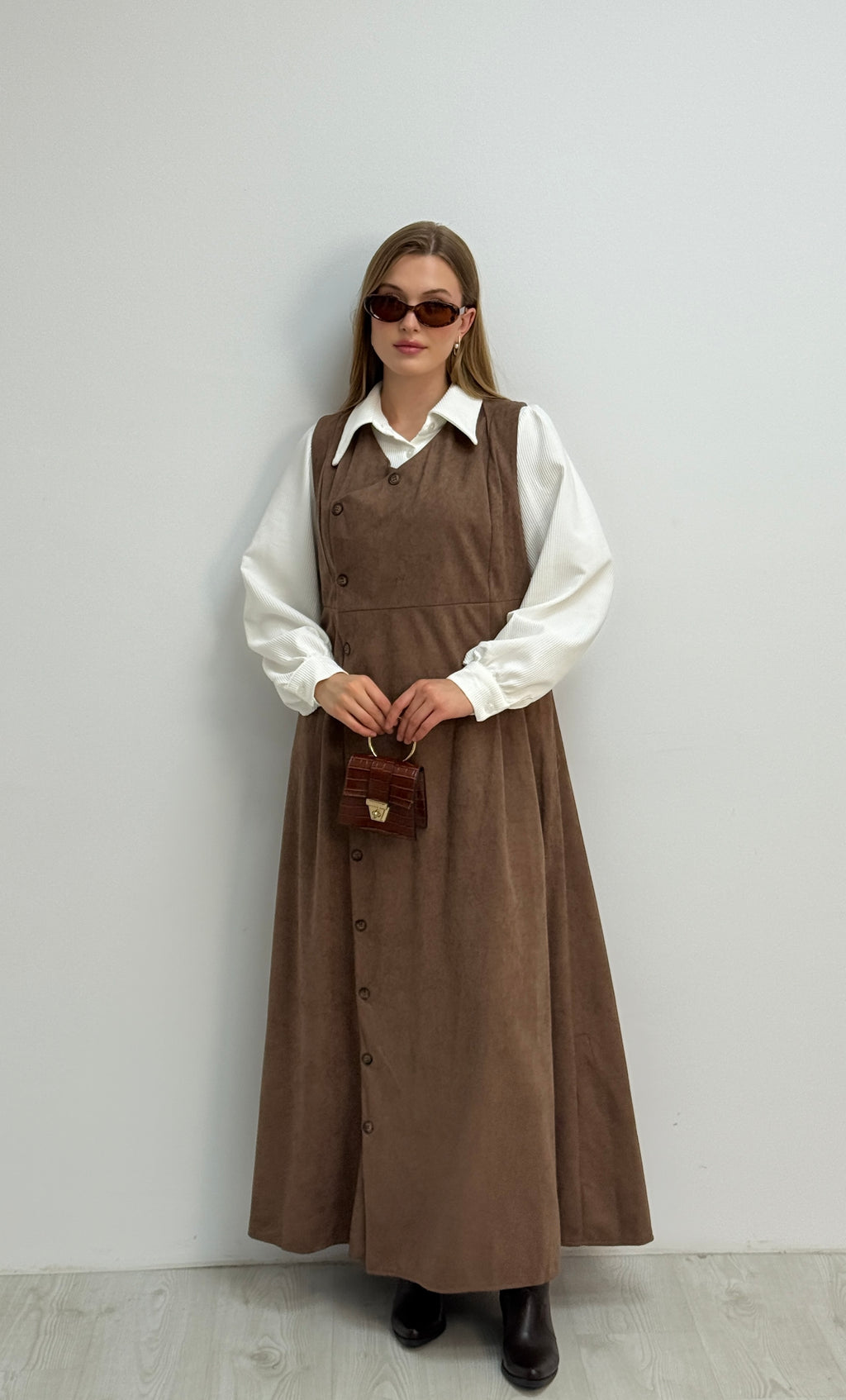 Gömlekli İkili Takım Star Süet Kumaş Elbise