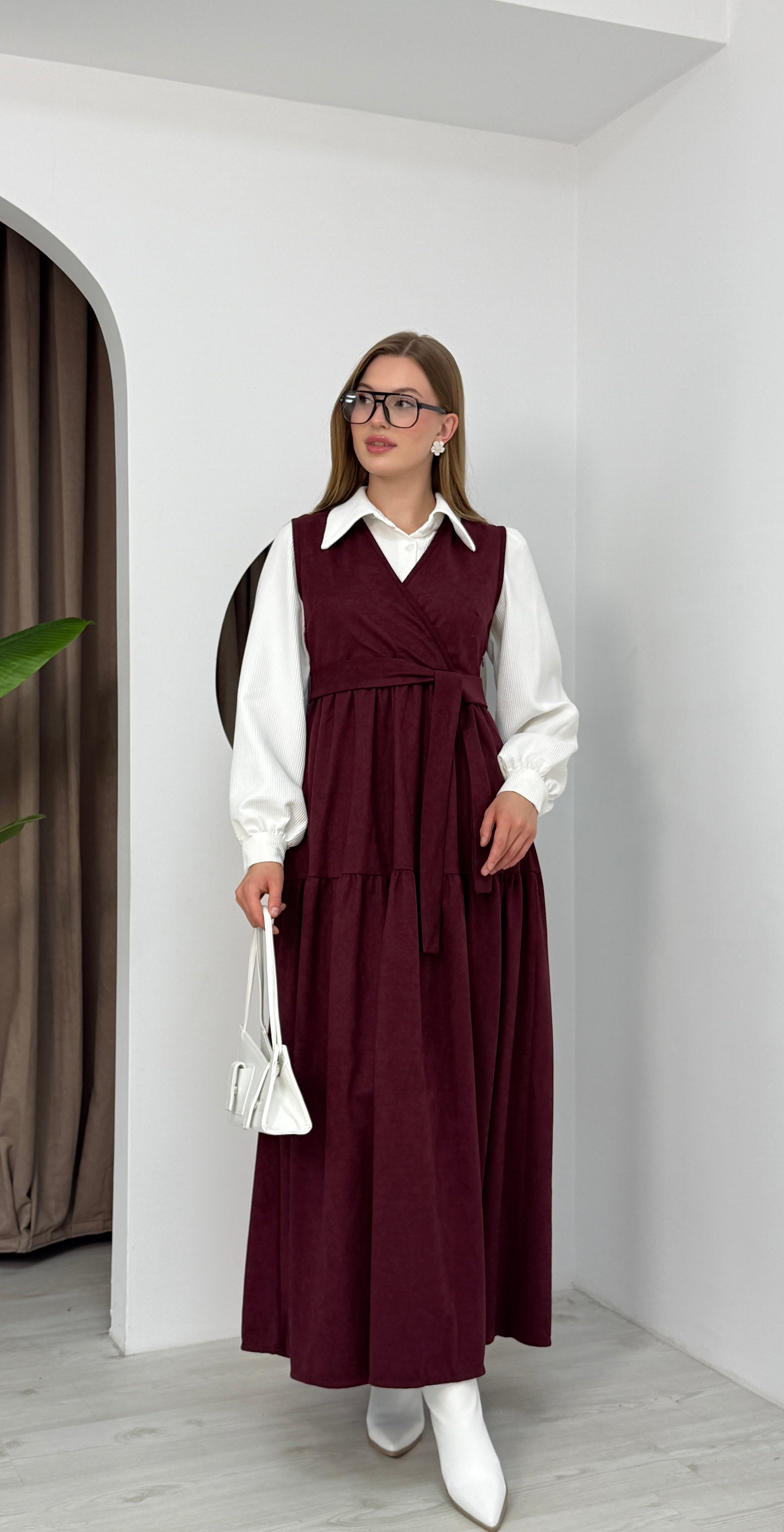 Gömlekli İkili Takım Star Süet Kumaş Elbise