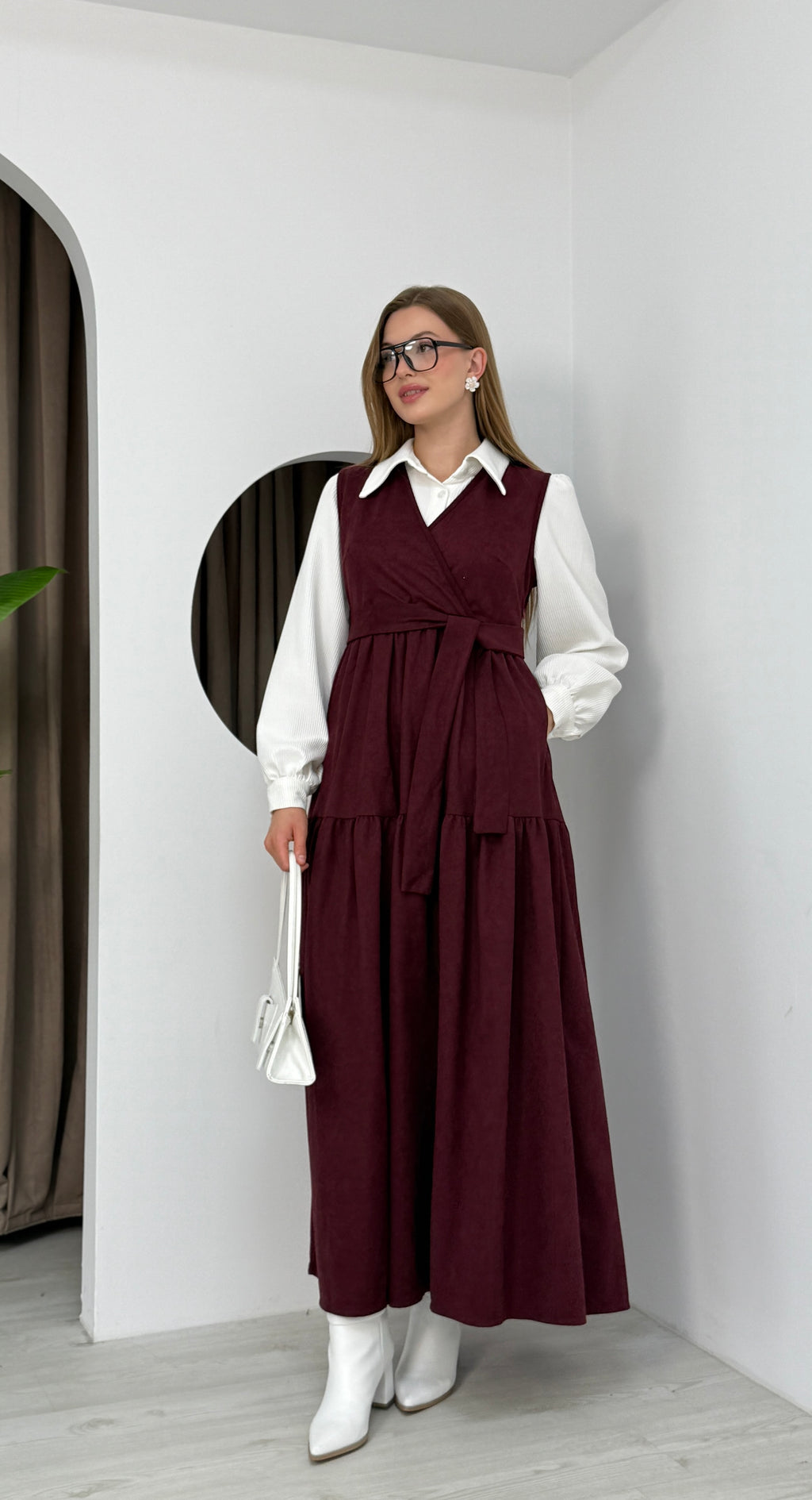 Gömlekli İkili Takım Star Süet Kumaş Elbise