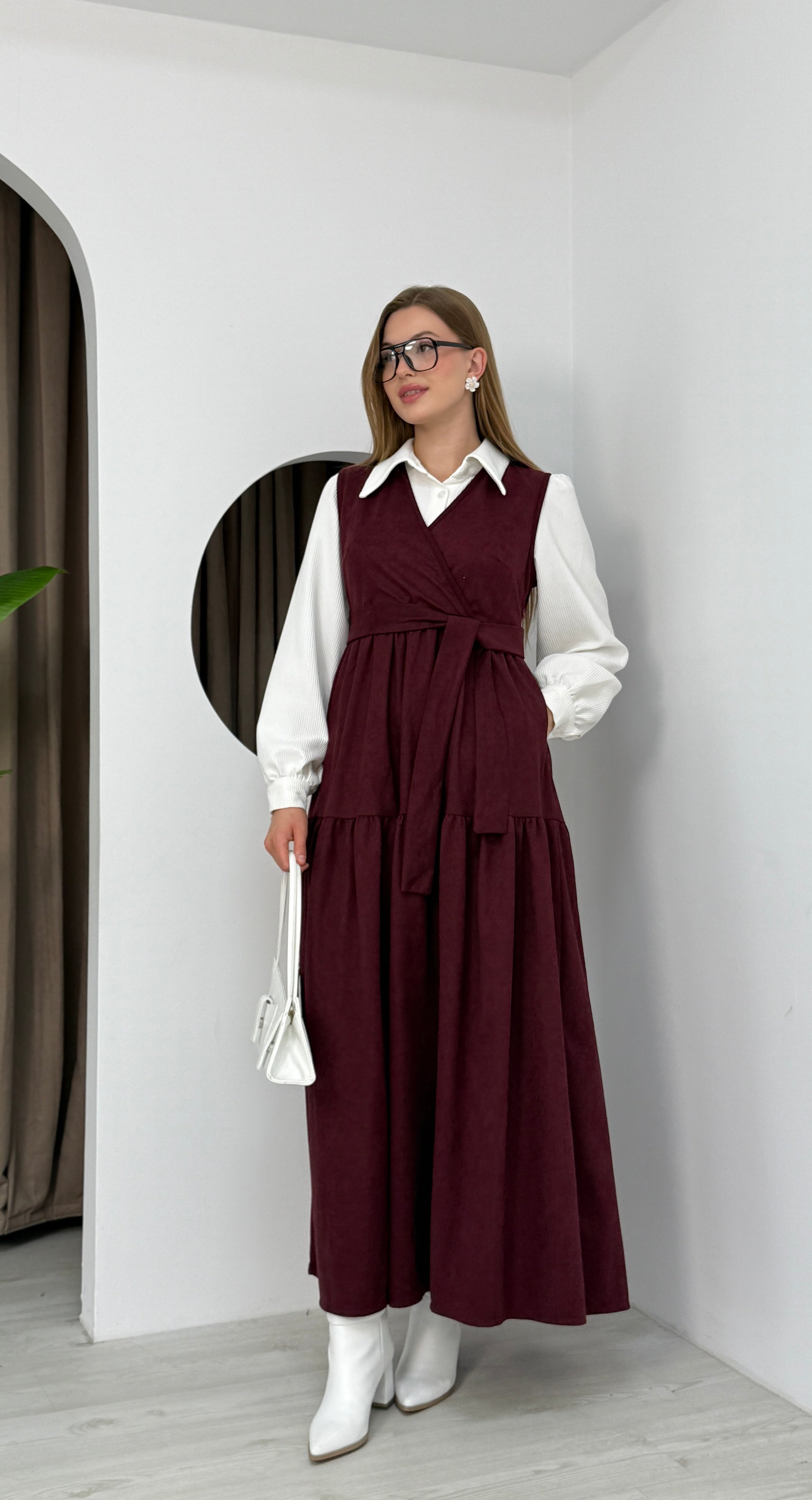 Gömlekli İkili Takım Star Süet Kumaş Elbise