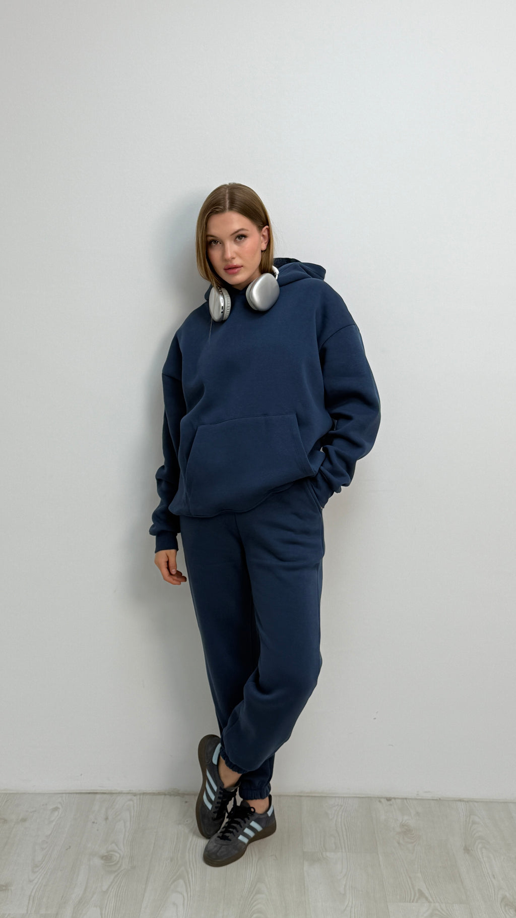 Eşofman Rahat Düz Uzun Kollu Kapşonlu Spor Takım İki Parça 3 İplik