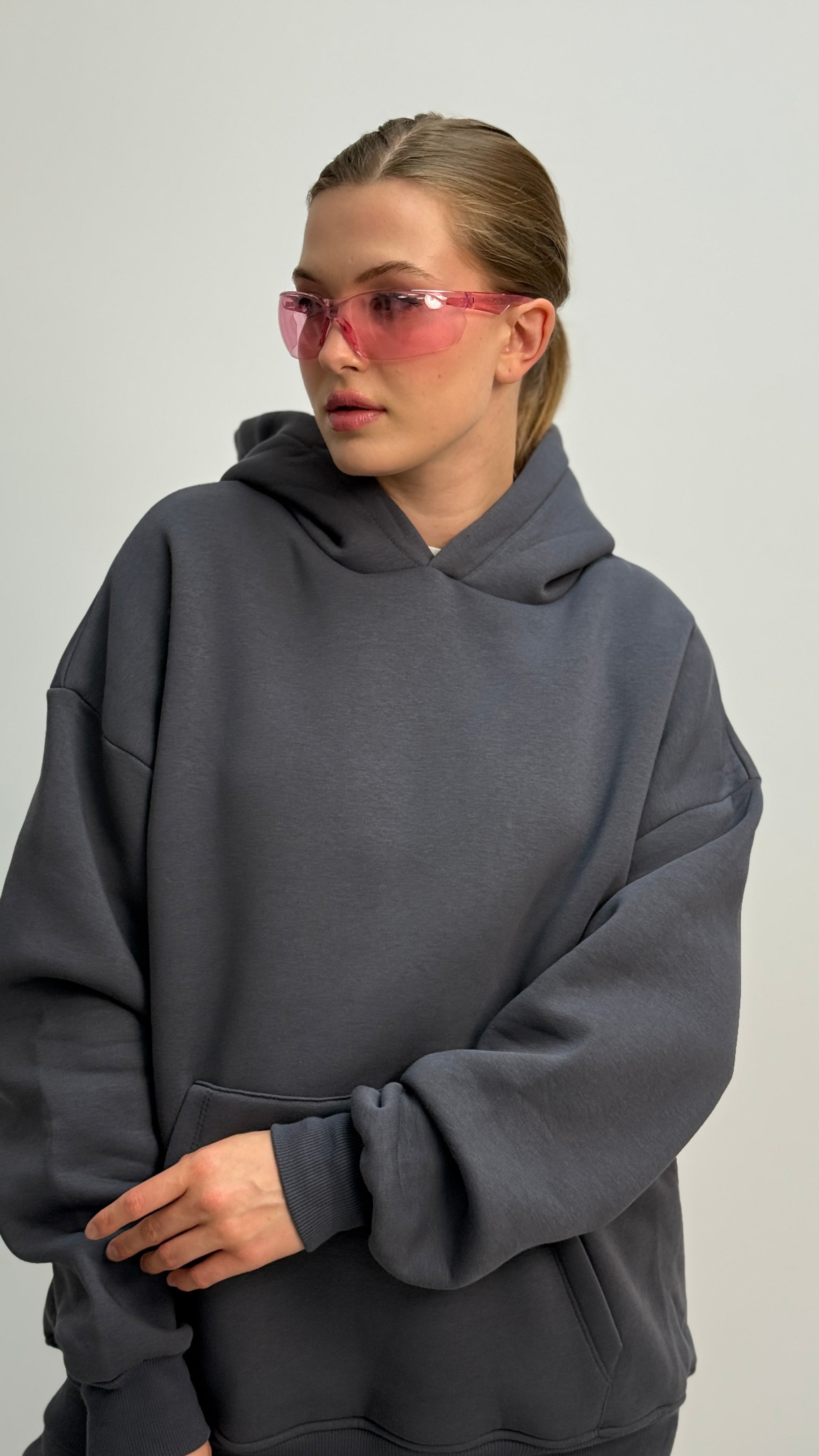 Eşofman Rahat Düz Uzun Kollu Kapşonlu Spor Takım İki Parça 3 İplik