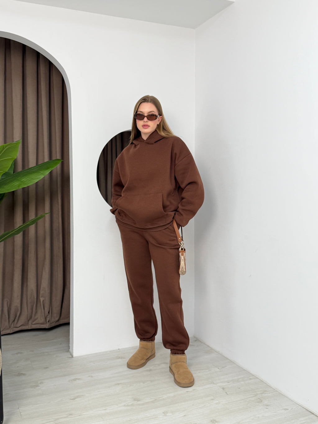 Eşofman Rahat Düz Uzun Kollu Kapşonlu Spor Takım İki Parça 3 İplik