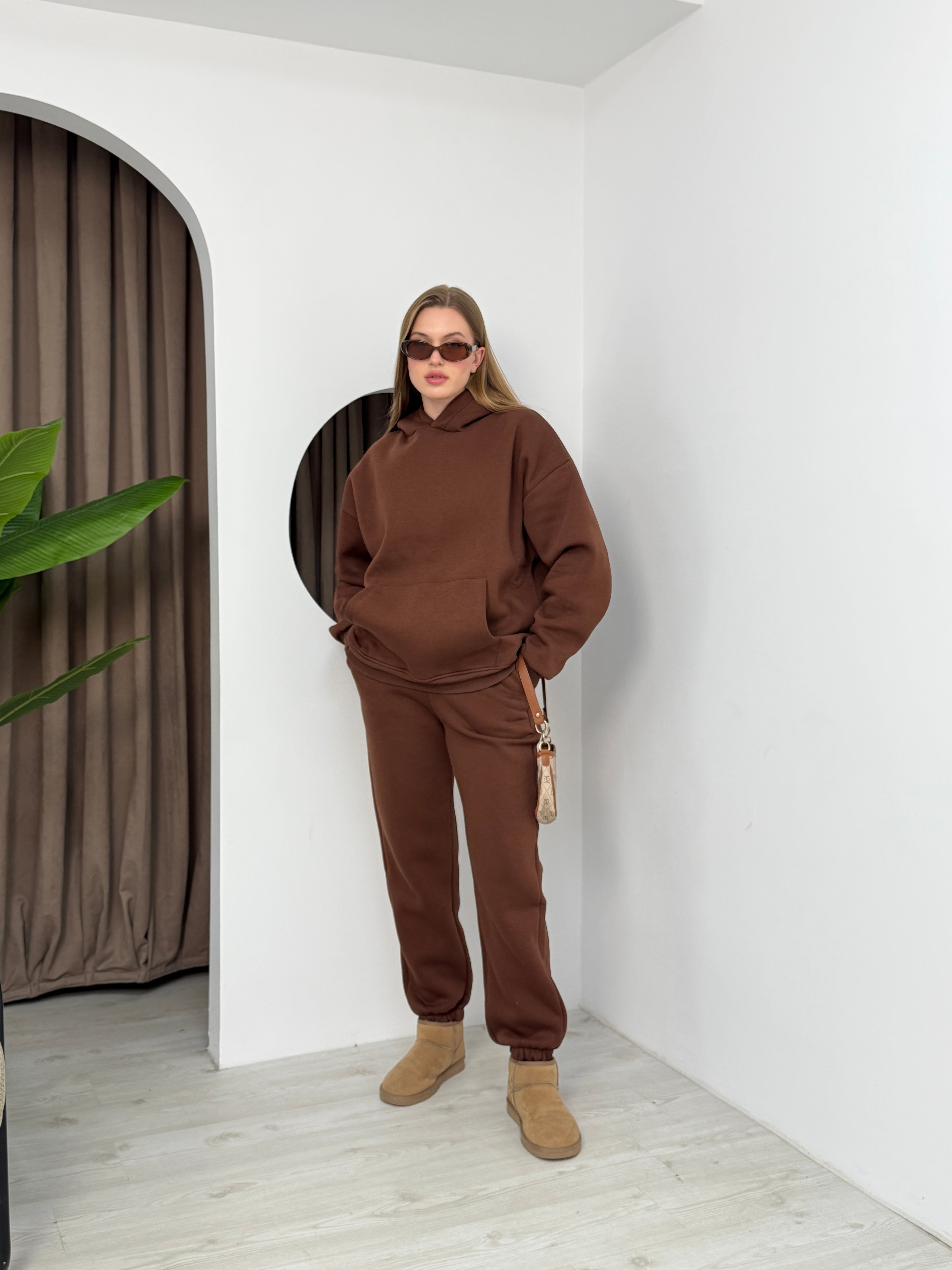 Eşofman Rahat Düz Uzun Kollu Kapşonlu Spor Takım İki Parça 3 İplik