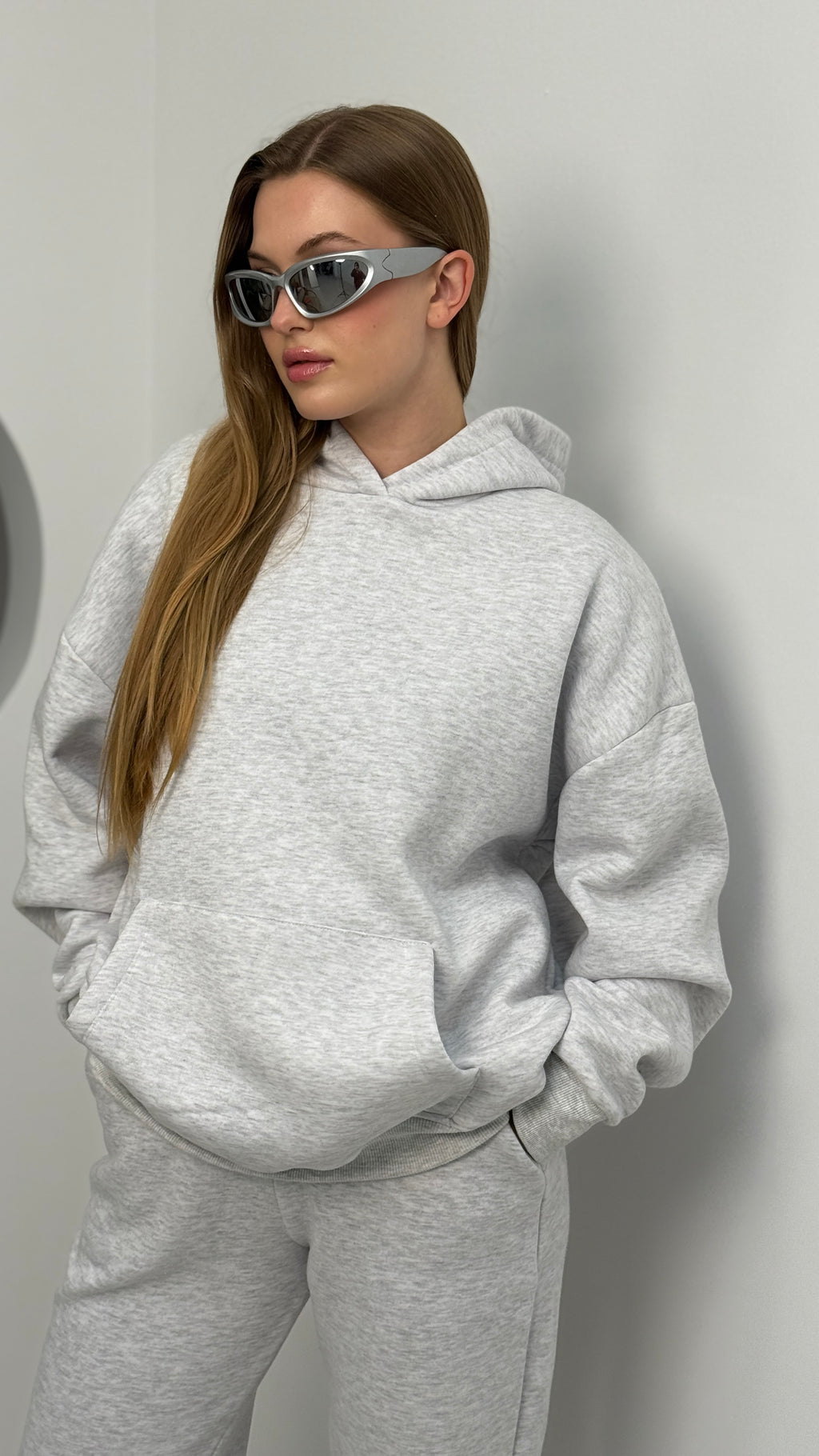 Eşofman Rahat Düz Uzun Kollu Kapşonlu Spor Takım İki Parça 3 İplik