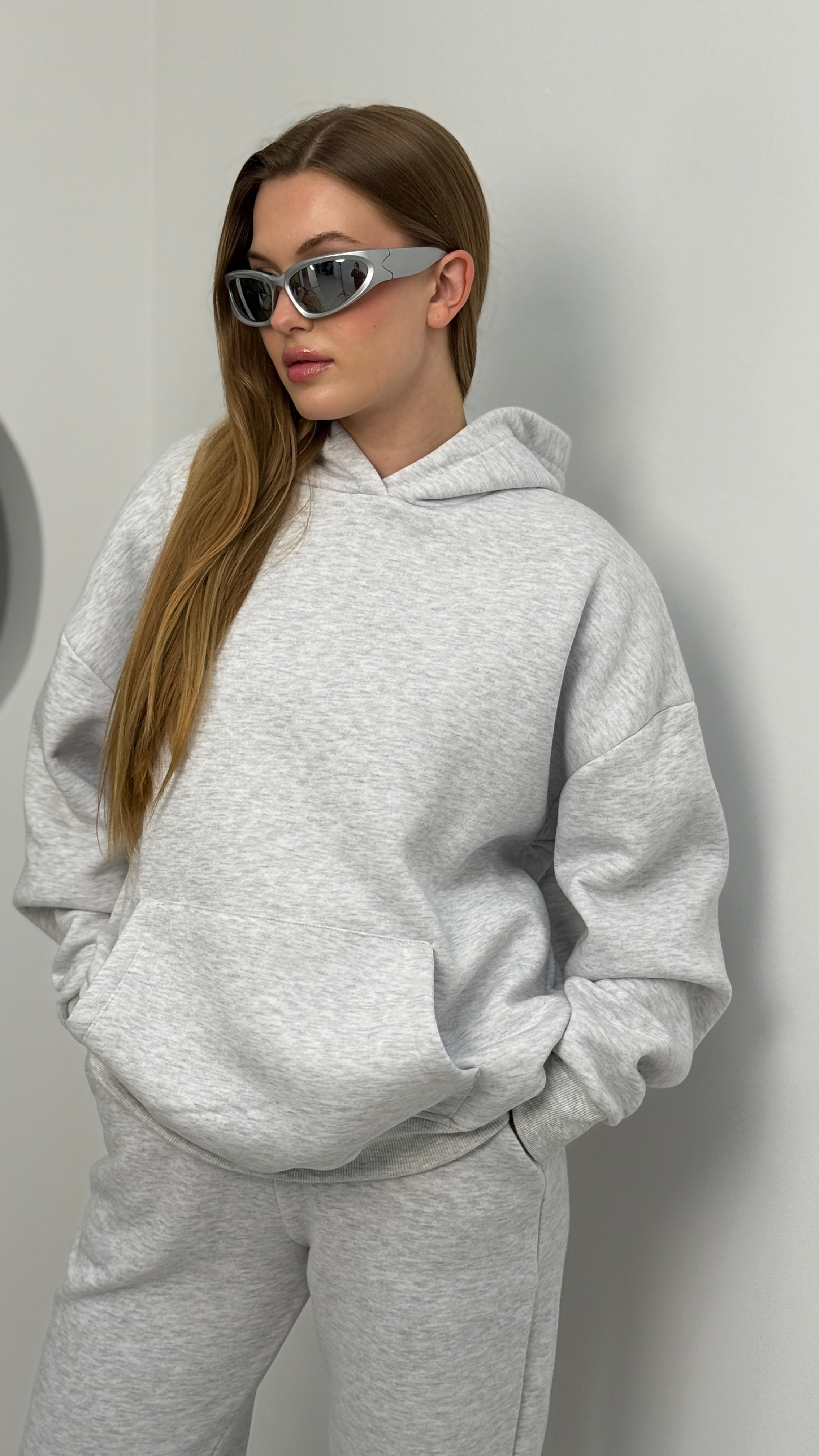 Eşofman Rahat Düz Uzun Kollu Kapşonlu Spor Takım İki Parça 3 İplik