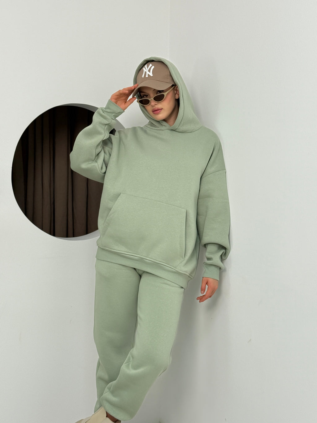 Eşofman Rahat Düz Uzun Kollu Kapşonlu Spor Takım İki Parça 3 İplik