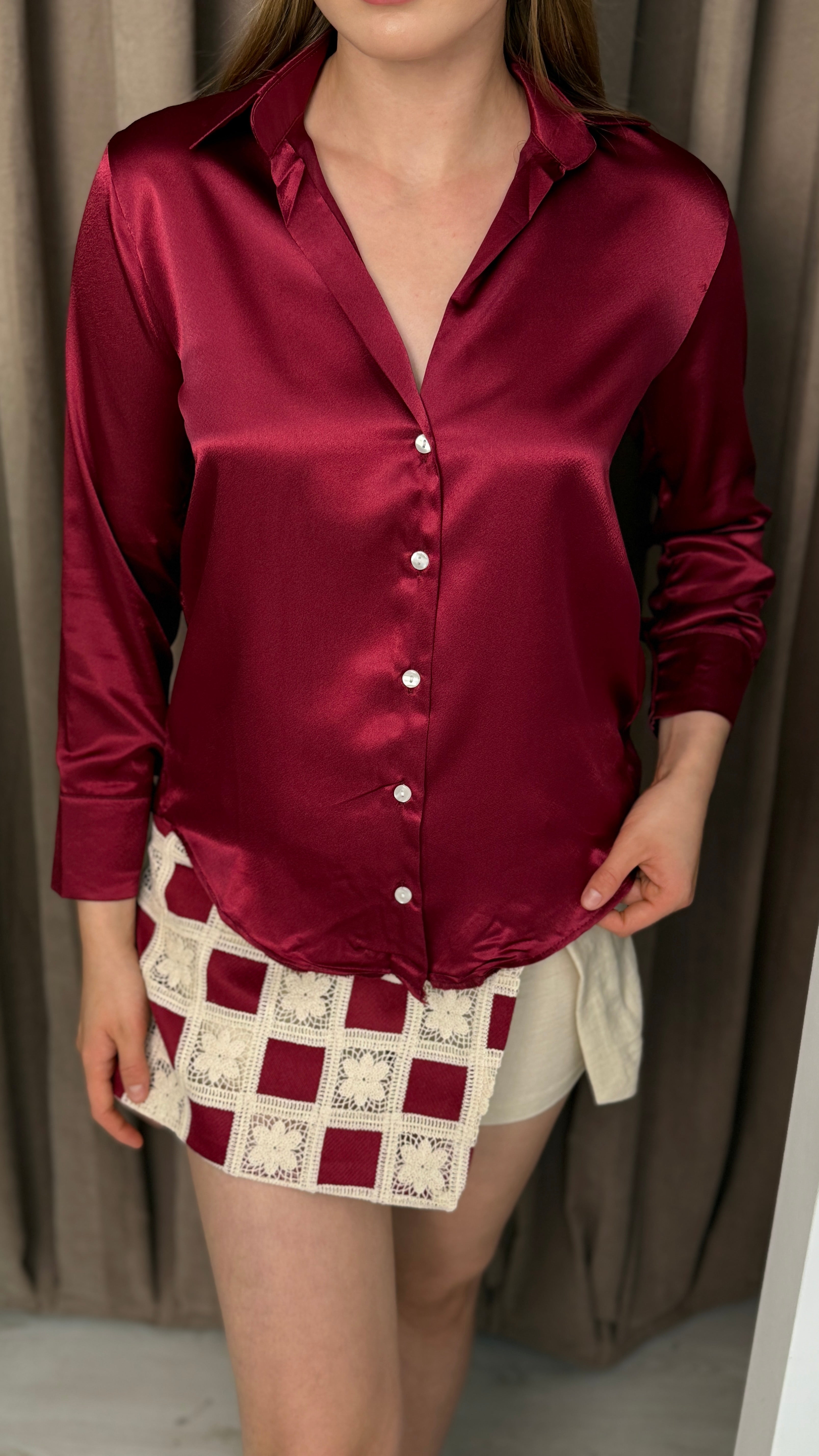 Premıum Yakalı Saten Gömlek Uzun Kol