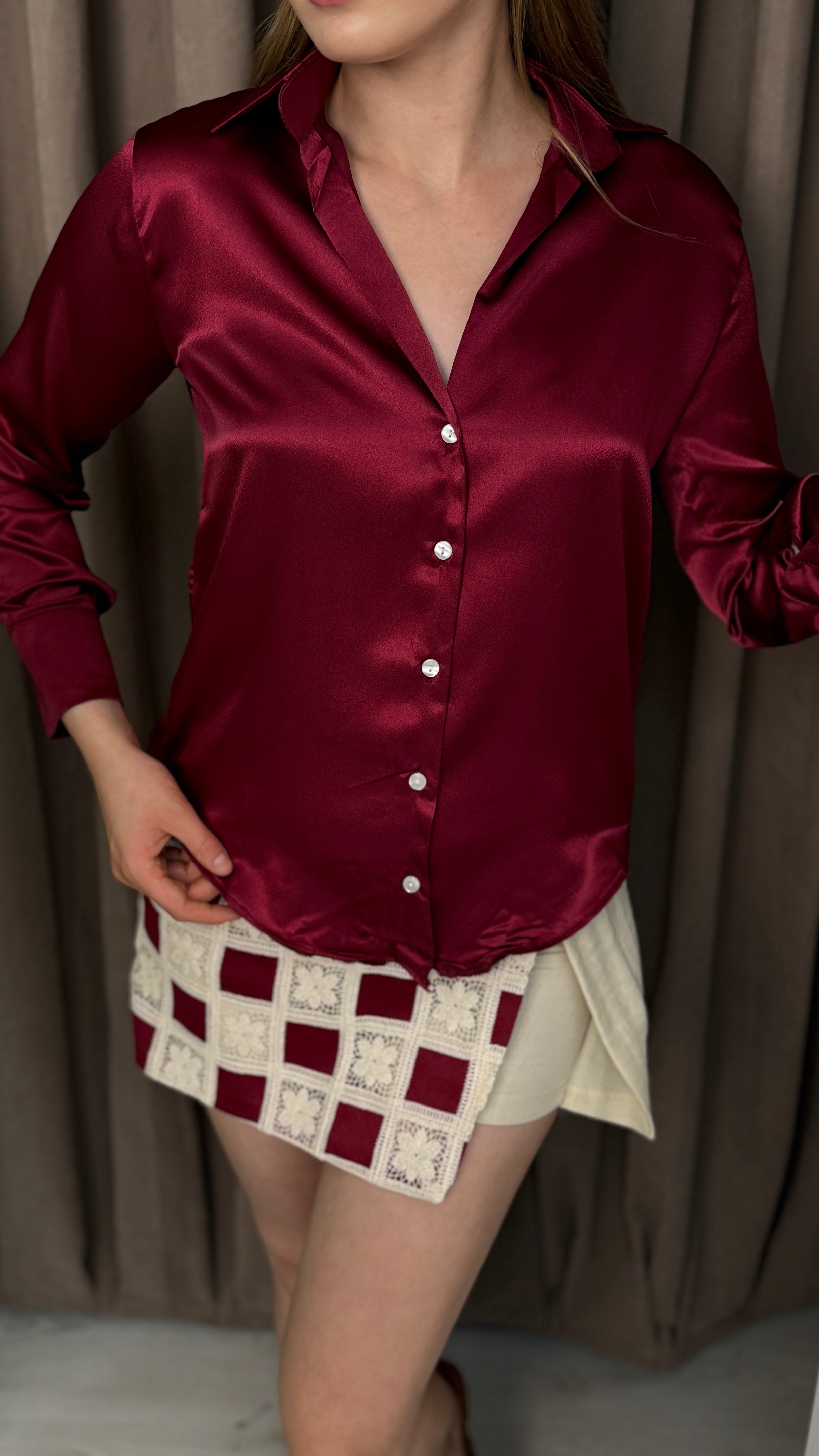 Premıum Yakalı Saten Gömlek Uzun Kol