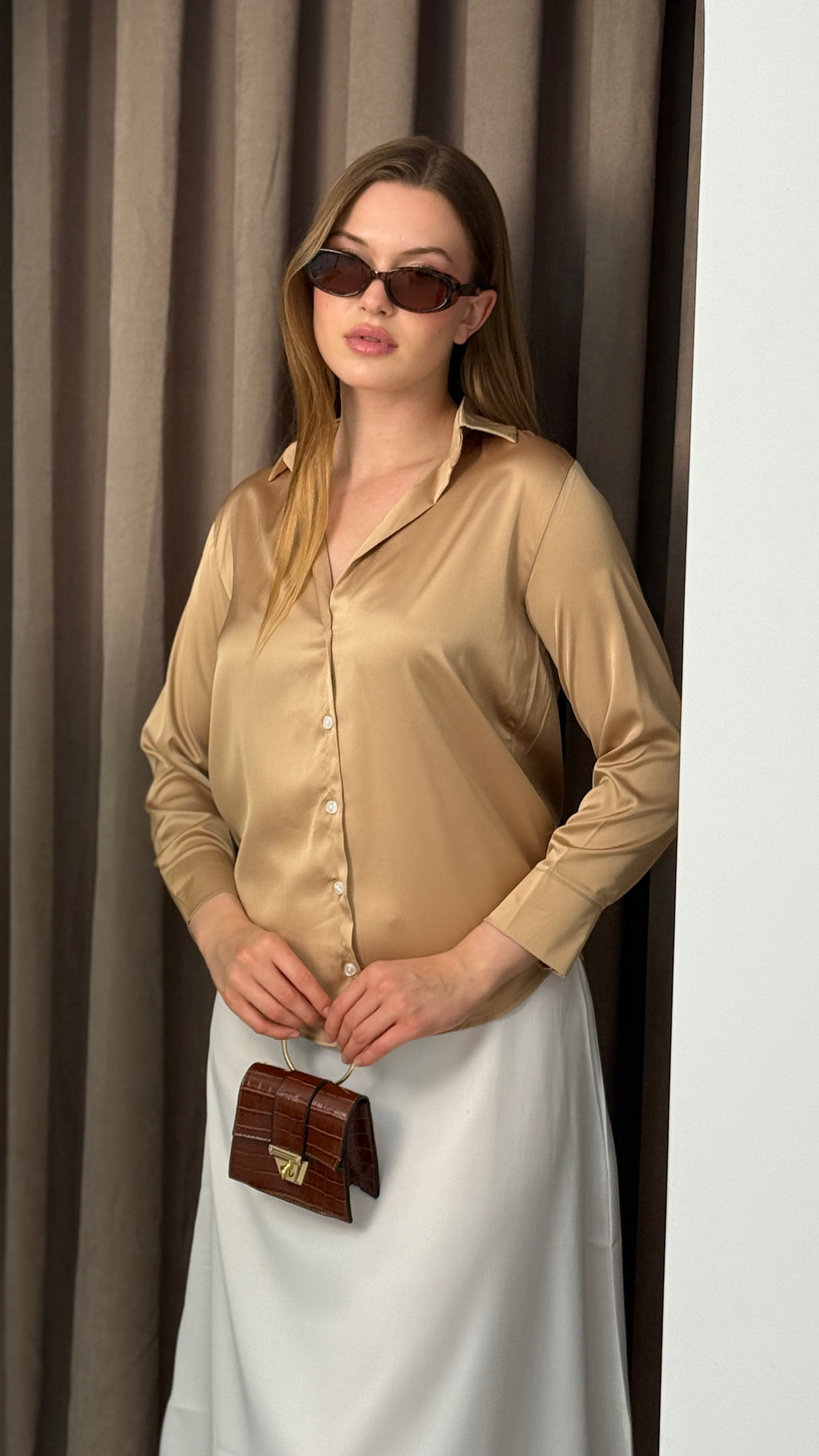 Premıum Yakalı Saten Gömlek Uzun Kol