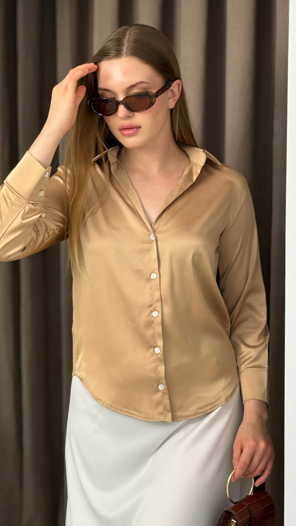 Premıum Yakalı Saten Gömlek Uzun Kol