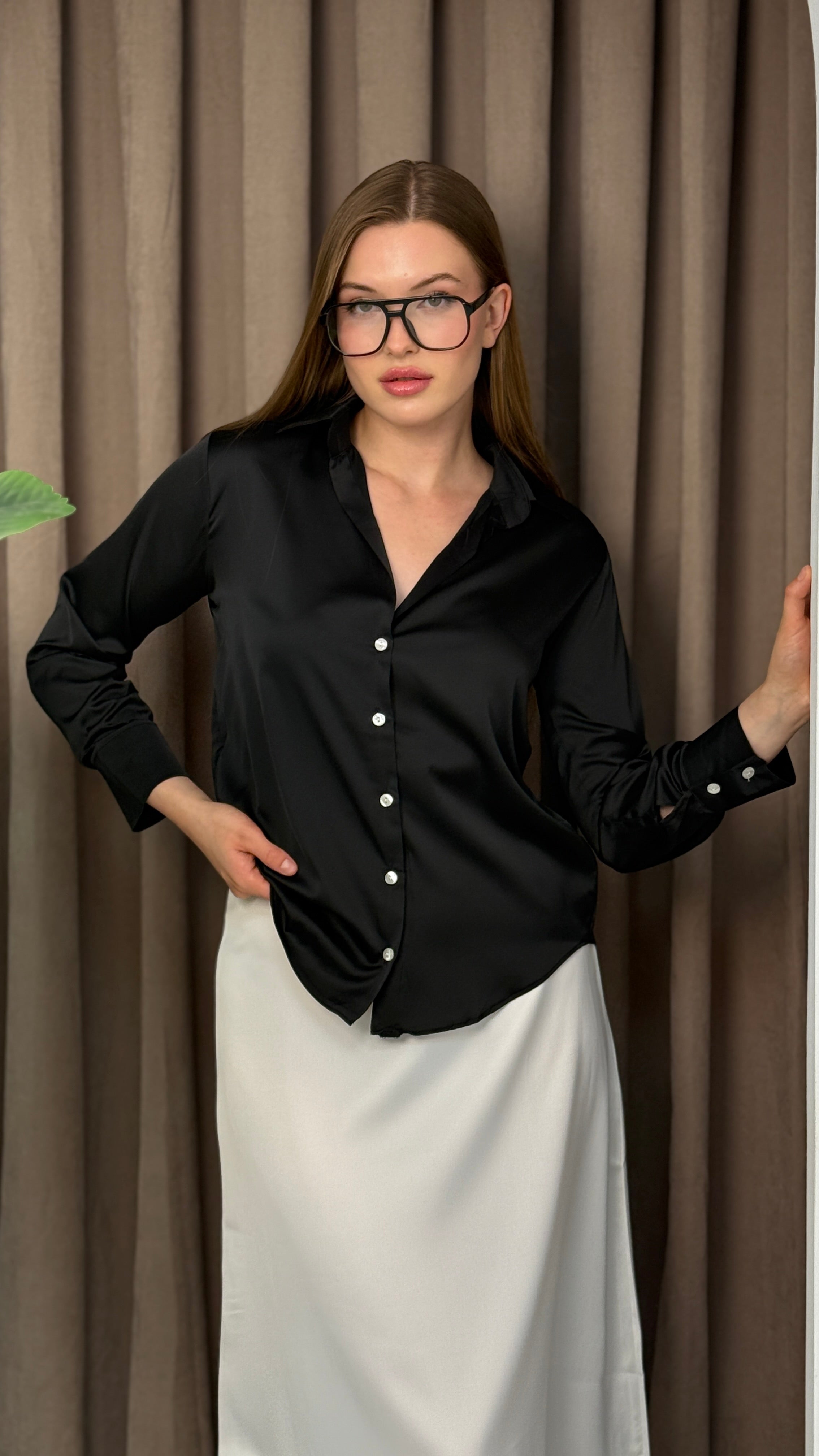 Premıum Yakalı Saten Gömlek Uzun Kol