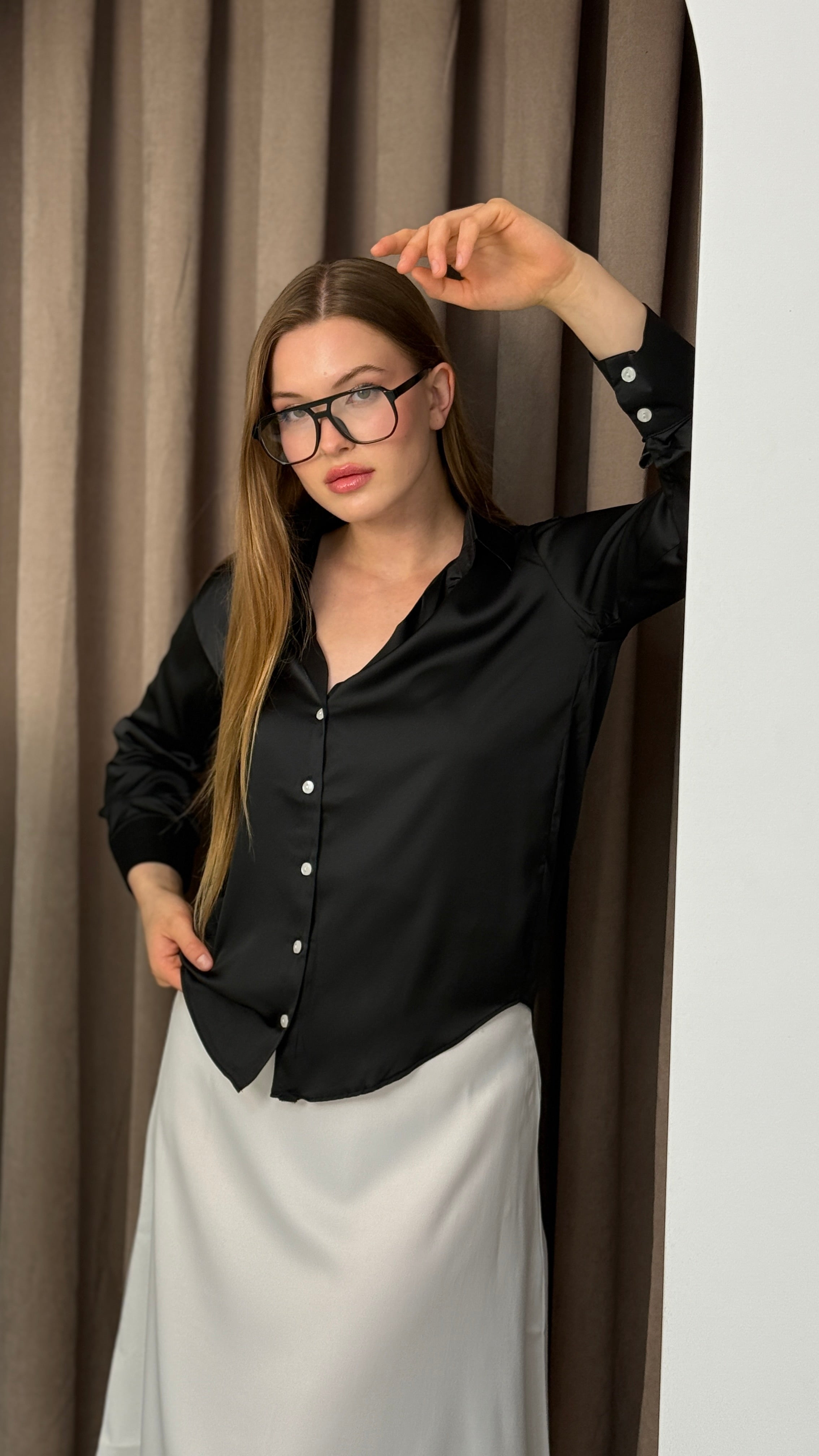 Premıum Yakalı Saten Gömlek Uzun Kol