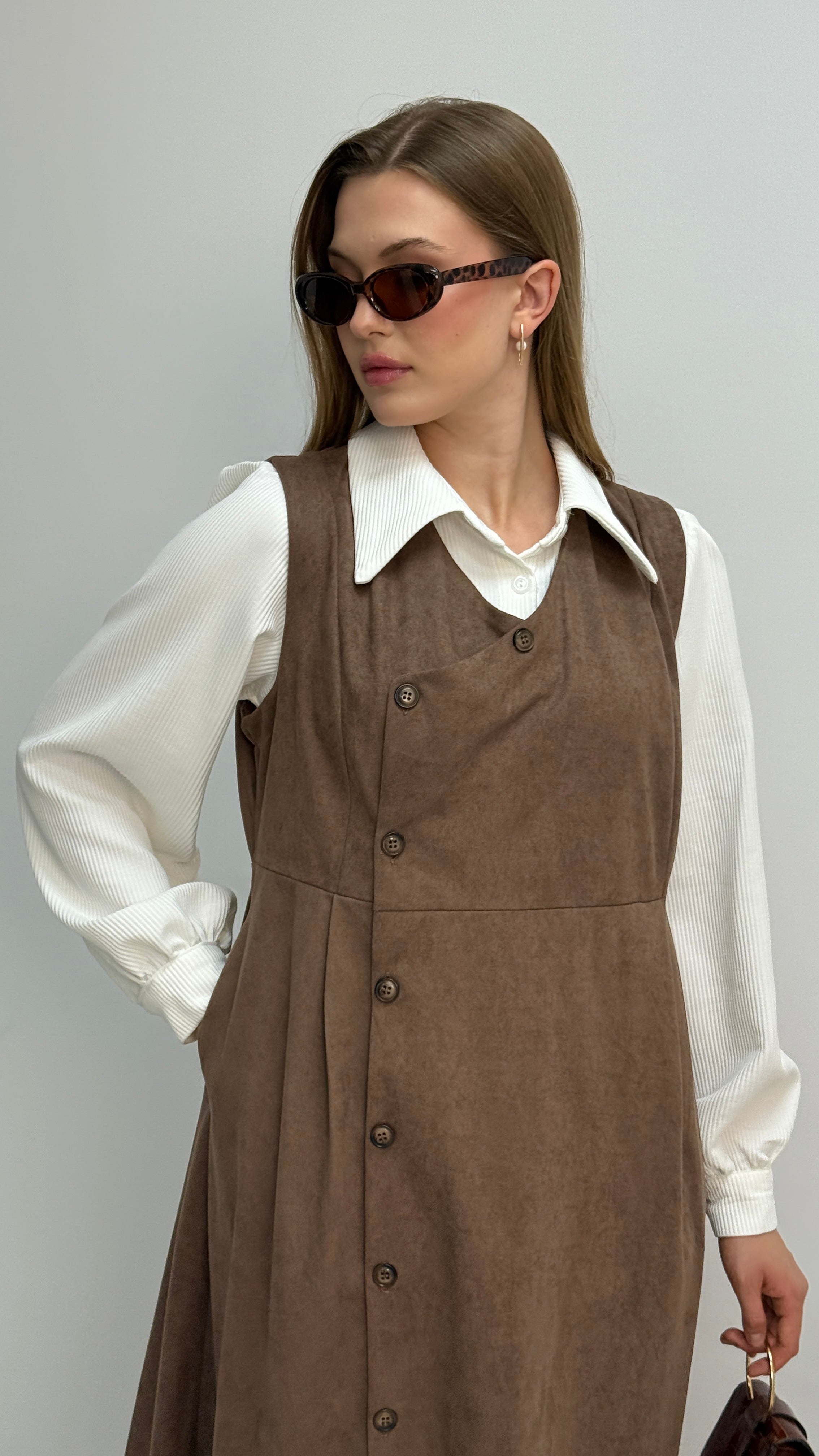 Gömlekli İkili Takım Star Süet Kumaş Elbise