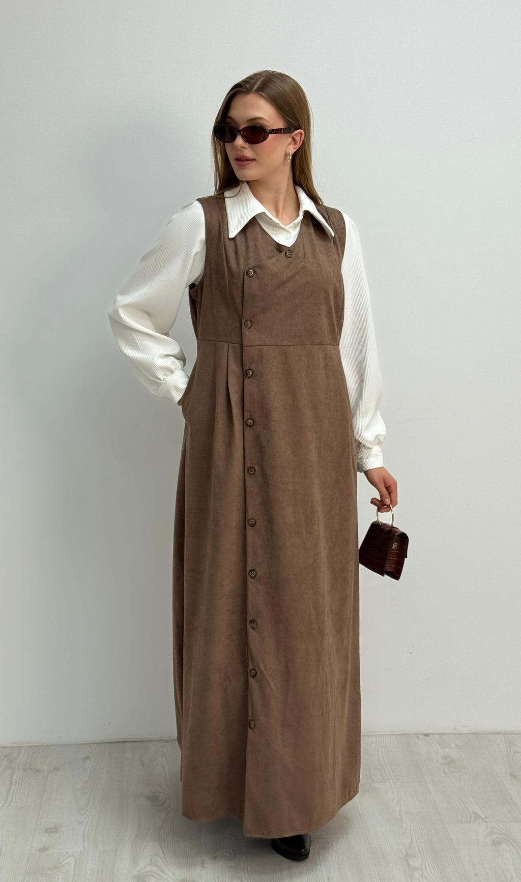 Gömlekli İkili Takım Star Süet Kumaş Elbise